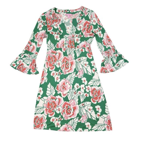 Lilly Pulitzer Twyla Dress XS Green Pink Floral Silk V Neck Bell Sleeve Cocktail - Picture 1 of 8